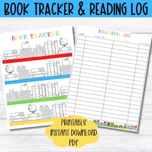 May include: A printable book tracker and reading log document. The book tracker features four shelves with black and white illustrations of books, globes, and apples. The reading log includes columns for date, book title, author, and number of pages.