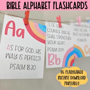 Cartão de memória do alfabeto da Bíblia Cartões de versículos bíblicos para impressão Salmos para crianças KJV Versículo para memorizar Escola dominical Alfabeto Cartão de memória das escrituras Alfabeto para crianças