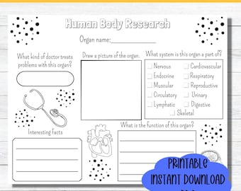 May include: Black and white printable worksheet for learning about the human body. The worksheet includes a section for drawing a picture of an organ, identifying the organ system, and writing interesting facts. The worksheet also includes a stethoscope and a heart.