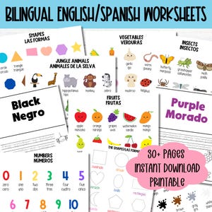 Bilingual English Spanish Worksheet Printable Kindergarten Spanish Learning Binder Page Homeschool Bilingual Worksheet Numbers Colors Shape