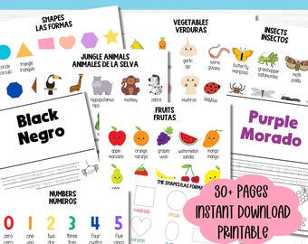 Bilingual English Spanish Worksheet Printable Kindergarten Spanish Learning Binder Page Homeschool Bilingual Worksheet Numbers Colors Shape