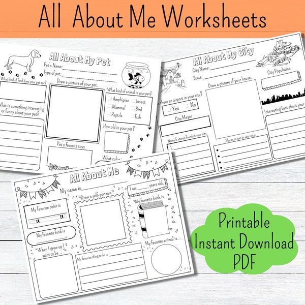 All About Me Worksheet Bundle All About My Pet All About My City Printable Worksheet Homschool Science Activity History Kids Coloring Page