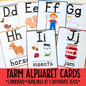 Alfabeto de fazenda com letras laminadas, cartões grandes de alfabeto, pôster de parede para sala de aula, cartões de letras para educação domiciliar, cartão de memória com tema de fazenda pré-escolar