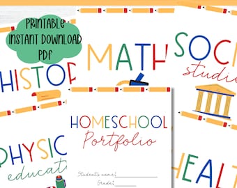 May include: Printable homeschool portfolio cover sheets with colourful illustrations of pencils, a protractor, a building, and a stethoscope. The text on the cover sheets includes "History", "Math", "Social Studies", "Physics", "Health", and "Homeschool Portfolio".