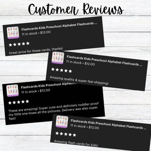 May include: Four customer reviews for a set of alphabet flashcards for preschool children. The flashcards feature colorful illustrations of letters and objects. The reviews are positive, with customers praising the quality, speed of shipping, and cuteness of the flashcards.