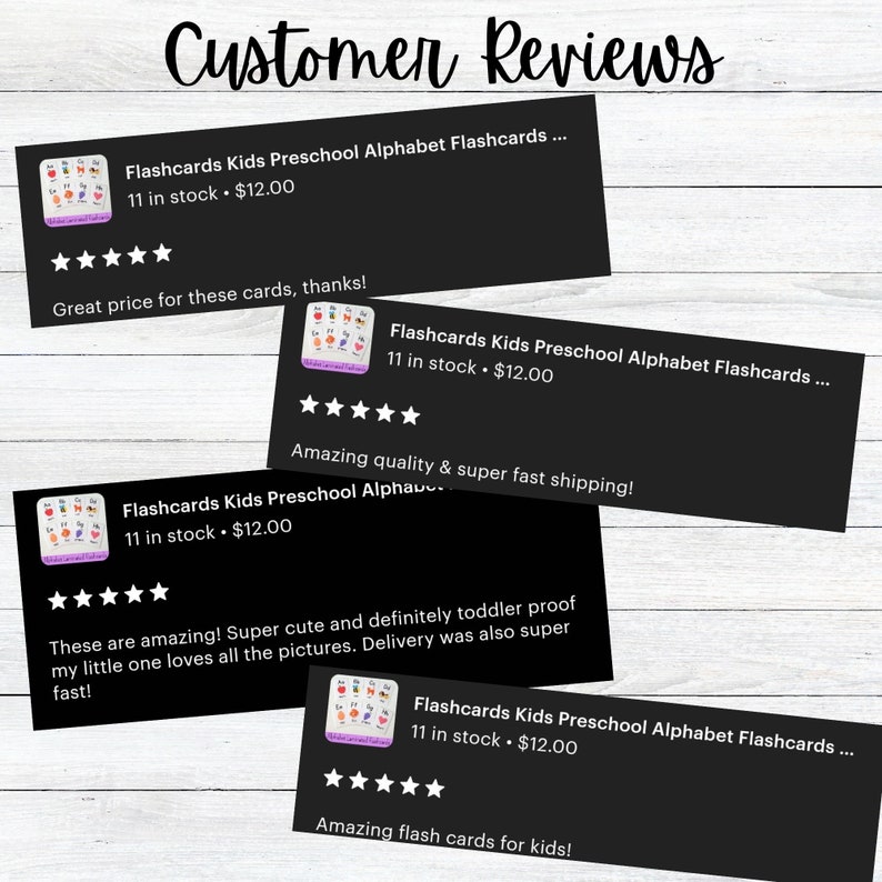 May include: Four customer reviews for a set of alphabet flashcards for preschool children. The flashcards feature colorful illustrations of letters and objects. The reviews are positive, with customers praising the quality, speed of shipping, and cuteness of the flashcards.