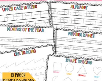 May include: A printable tracing worksheet bundle for kids. The worksheets include tracing uppercase letters, months of the year, numbers, lines, and shapes. The worksheets are black and white with colorful borders.