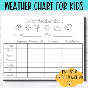 Puede incluir: Un gráfico del tiempo semanal imprimible para niños, con secciones para la temperatura, cómo se siente, las condiciones del cielo y las actividades al aire libre. Incluye espacio para el mes y la semana, con iconos meteorológicos y el texto "PRINTABLE INSTANT DOWNLOAD PDF".