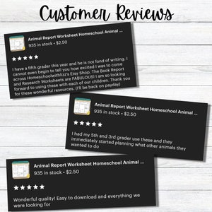 May include: Three customer reviews for a printable animal report worksheet for homeschool. The reviews are all positive and highlight the ease of use and quality of the product. The reviews are displayed on a black background with white text and a five-star rating system.