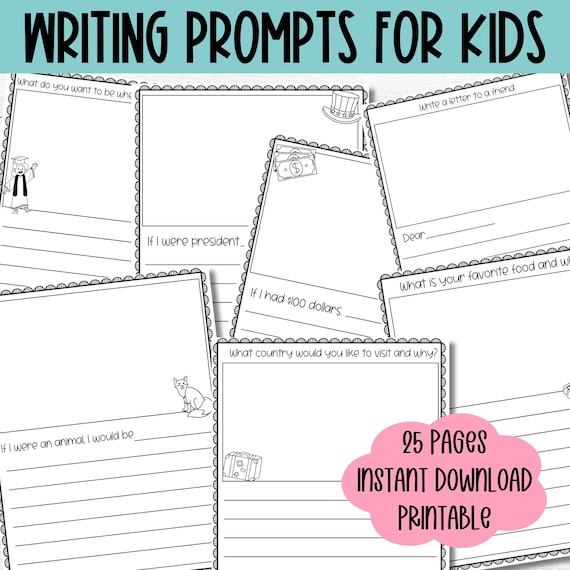 Kids Writing Prompts Printable Worksheet Homeschool Handwriting Practice Story Starter Activity Page Elementary Creative Writing Exercise