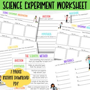 Peut inclure: Une feuille de travail d'expérience scientifique avec le titre "Science Experiment Worksheet" en vert. La feuille de travail comprend des sections pour l'observation, la question, l'hypothèse, la procédure et la conclusion. L'image comprend également le texte "7 pages instant download PDF".