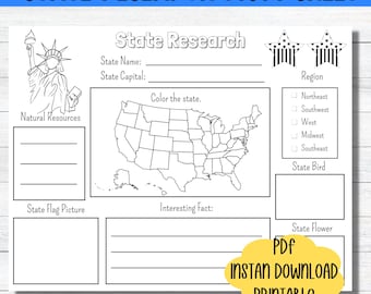 Hoja de trabajo imprimible para la investigación de los estados de EE. UU. (para educación en casa): datos estatales. PDF de Estados Unidos. Actividad de historia para primaria.