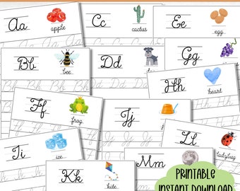 May include: A set of printable cursive handwriting practice worksheets for kids. Each worksheet features a different letter of the alphabet with a corresponding picture and word. The letters are written in cursive script with dotted lines to guide the child's handwriting. The words are "Aa apple", "Bb bee", "Cc cactus", "Dd dog", "Ee egg", "Ff frog", "Gg grapes", "Hh heart", "Ii ice", "Jj jelly", "Kk kite", "Ll ladybug", "Mm moon".