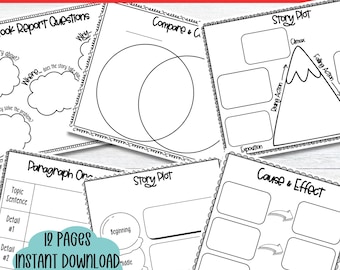 May include: A set of 12 printable graphic organizers for students. The organizers include a story plot, compare and contrast, cause and effect, and paragraph writing templates. The text "12 Pages Instant Download PDF" is included in the image.