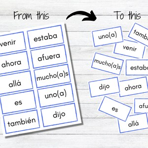 Pode incluir: Um conjunto de 10 flashcards com bordas azuis que cont&ecirc;m palavras em espanhol, incluindo "venir", "estaba", "afuera", "uno(a)", "mucho(a)s", "ahora", "all&aacute;", "es", "tambi&eacute;n" e "dijo".