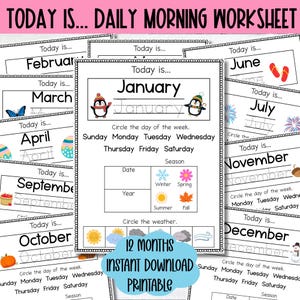 Könnte beinhalten: Ein druckbares tägliches Morgen-Arbeitsblatt mit dem Text "Today is..." und den Monaten des Jahres. Jeder Monat hat Platz, um das Datum, das Jahr und den Wochentag sowie das Wetter einzukreisen. Das Bild enthält auch den Text "12 MONTHS INSTANT DOWNLOAD PRINTABLE".