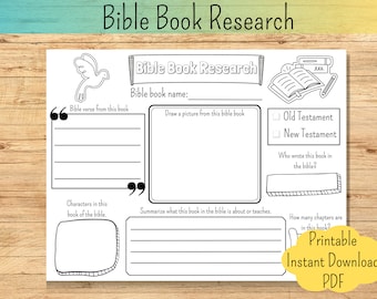 May include: A printable worksheet for Bible study. The worksheet has sections for the Bible book name, a verse from the book, a drawing, a summary of the book, and information about the author and number of chapters. The worksheet also includes a checkbox for Old Testament or New Testament.