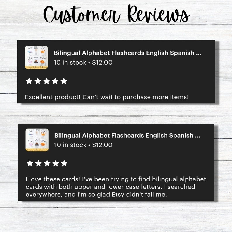 May include: Two customer reviews for bilingual alphabet flashcards in English and Spanish. The flashcards feature colorful illustrations and both upper and lowercase letters. The reviews are positive and highlight the quality of the product.