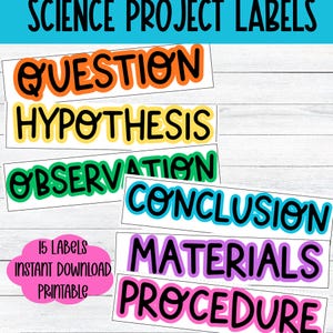 May include: Colorful science project labels with words like "Question," "Hypothesis," and "Observation." The labels are in various colors, including orange, yellow, green, and purple, with black outlines. The text "Science Project Labels" is at the top.