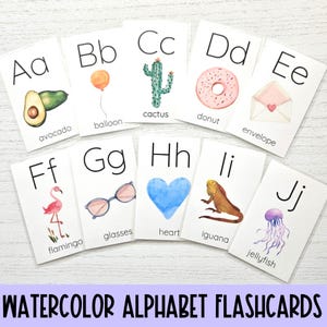 Cartes alphabet alphabet aquarelle Cartes alphabet préscolaire plastifiées Cartes ABC pour enfants Ressources d'apprentissage pour l'école à la maison Cartes alphabet