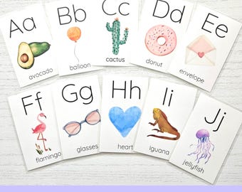 Tarjetas didácticas del alfabeto en acuarela para preescolar, tarjetas didácticas laminadas del alfabeto para niños, tarjetas didácticas ABC, recursos de aprendizaje para la educación en el hogar. Tarjetas del alfabeto.