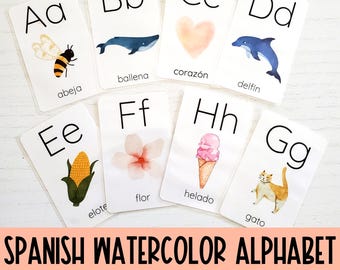 Spanish Alphabet Flashcards Laminated Kids Spanish Alphabet Cards Spanish Letters Flashcards Watercolor Alphabet Laminated Flashcards
