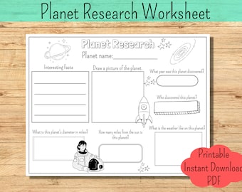 May include: A black and white printable worksheet for kids to learn about planets. The worksheet has sections for the planet's name, interesting facts, a drawing of the planet, the year it was discovered, who discovered it, its diameter in miles, how many miles it is from the sun, and the weather on the planet.