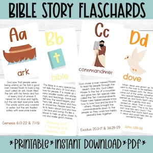 May include: Set of four Bible Story flashcards featuring the letters A, B, C, and D. Each card has a colorful illustration and a short description of a biblical story. The cards include the words "ark", "bible", "commandmer", and "dove".