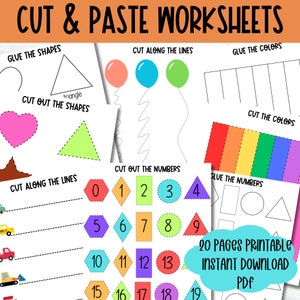 May include: A set of 20 printable worksheets for kids to cut and paste shapes, numbers, and colors. The worksheets feature a variety of themes, including construction vehicles, balloons, and rainbows.  The text on the page says "Cut & Paste Worksheets", "20 Pages Printable Instant Download PDF".