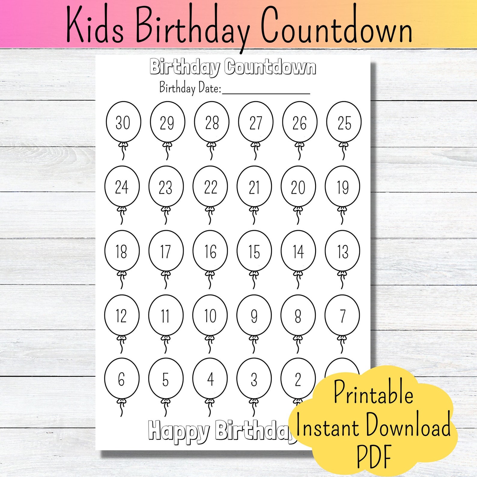 Kids Birthday Countdown Printable Birthday Coloring Page Birthday ...