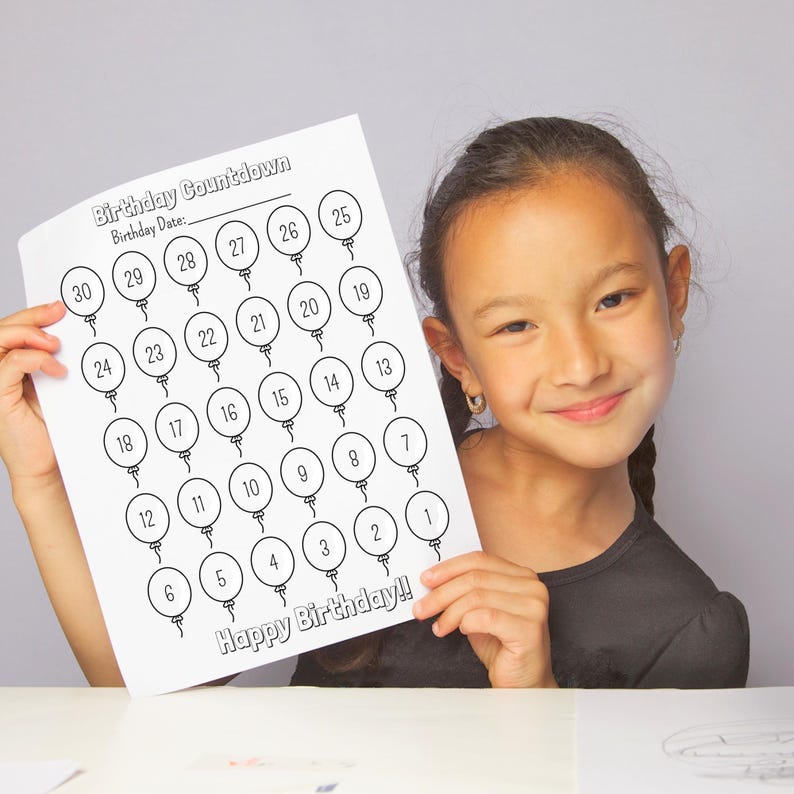 Birthday Countdown Printable 30 Day Birthday Coloring Balloon Countdown ...
