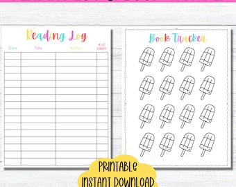 May include: Printable reading log and book tracker with a summer theme. The reading log has columns for date, title, author, and number of pages. The book tracker has 18 popsicle icons to color in.