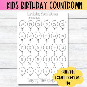 Birthday Countdown Printable 30 Day Birthday Coloring Balloon Countdown Kids Birthday Coloring Tracker Sheet Advent Birthday Party Countdown