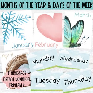 Maanden van het jaar Flashcards Dagen van de week Afdrukbare kaarten Homeschool Learning Kleuterschool Flashcards Zakdiagram Naam van de maandkaarten