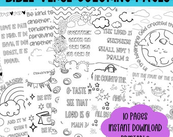 May include: A set of 10 printable coloring pages featuring Bible verses and illustrations. The pages include verses about love, kindness, forgiveness, and God's creation. The illustrations include rainbows, flowers, stars, and a sheep.