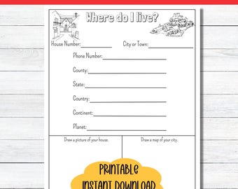 May include: A printable worksheet titled "Where do I live?" with illustrations of a house and a city. The worksheet includes prompts for filling in information about your address, phone number, county, state, country, continent, and planet. There are also spaces to draw a picture of your house and a map of your city.