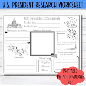 Presidents Day Activity Page US President Research Worksheet Homeschool History Printable Worksheet Research Report Social Studies Activity