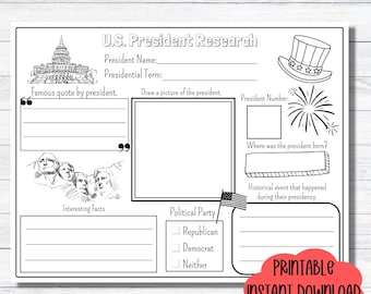 Presidents Day Activity Page US President Research Worksheet Homeschool History Printable Worksheet Research Report Social Studies Activity