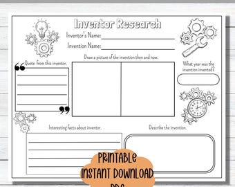 Modelo de pesquisa para projeto de história, estudo social, pesquisa sobre invenções, esboço, planilha imprimível, planilha para ensino domiciliar, relatório de história