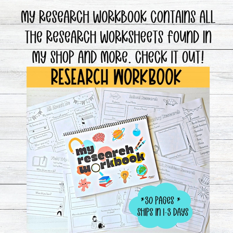 May include: A colorful research workbook with 30 pages, featuring a variety of worksheets for kids to learn about animals, countries, presidents, and more. The workbook has a bright blue cover with a cartoon brain, lightbulb, and books. The text "My Research Workbook" is printed in bold, white letters.