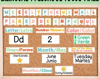 Bilingual Preschool Weekly Focus Wall Printable Circle Time English and Spanish Kindergarten Focus Board Homeschool Learning Board Signs
