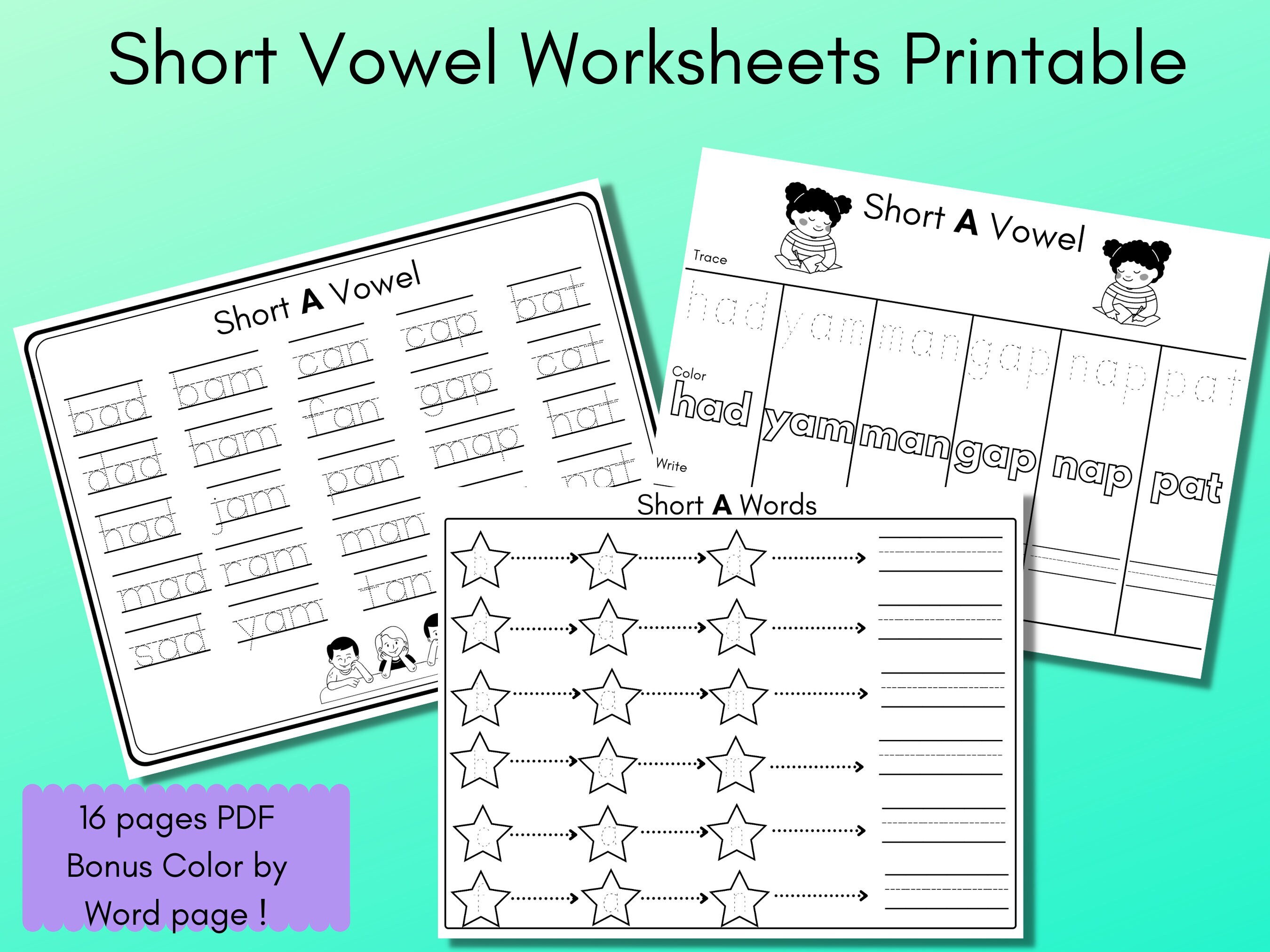 short vowel worksheet printable kindergarten first grade etsy