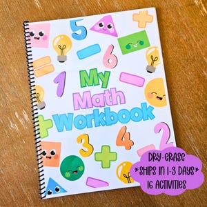 Math Activity Workbook Dry-Erase Homeschool Activities Kindergarten Math First Grade Addition Subtraction Practice Numbers Counting Shapes