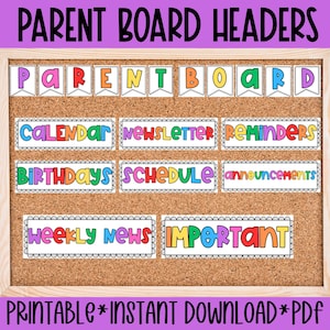 Może przedstawiać: Tablica korkowa z kolorowymi etykietami tekstowymi na tablicę rodziców. Etykiety obejmują "Parent Board", "Kalendarz", "Biuletyn", "Przypomnienia", "Urodziny", "Harmonogram", "Ogłoszenia", "Aktualności tygodniowe" i "Ważne". Tekst "Printable * Instant Download * PDF" znajduje się na dole.
