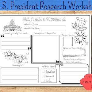 Presidents Activity Worksheet History U.S. President Research Social ...