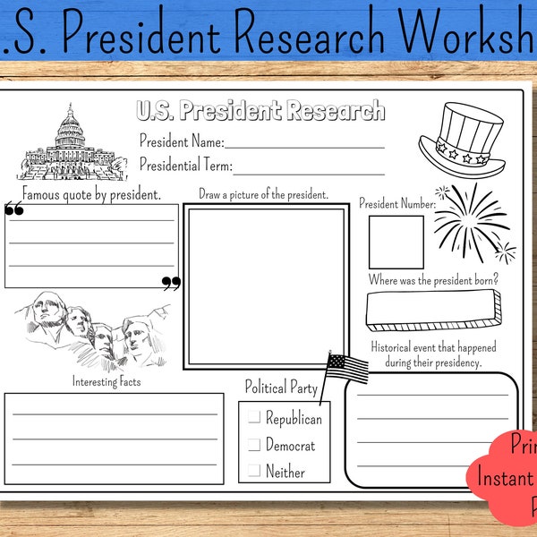 Presidents Activity Worksheet History U.S.  President Research Social Studies Project Presidents Homeschool Worksheet Report Template