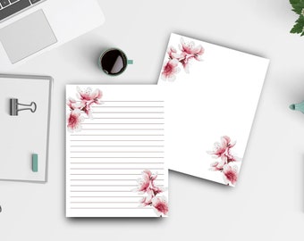 Cherry Blossom Stationery Printable Paper/Writing Paper/8.5x11 US Letter/Digital Download Lined and Blank/Instant Download