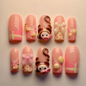 Netter 3D Affe und Bogen Drücken Sie auf die Nägel | Handgemachte rosa Cartoon Nagelkunst | Kawaii Wiederverwendbare Gefälschte Nägel