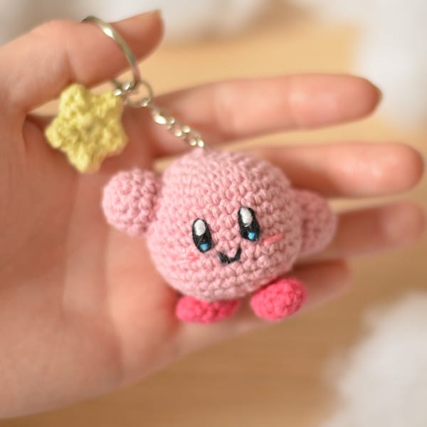 Crochet pattern for pink Kirby and a little star keychain Tutorial PDF English French Spanish amigurumi