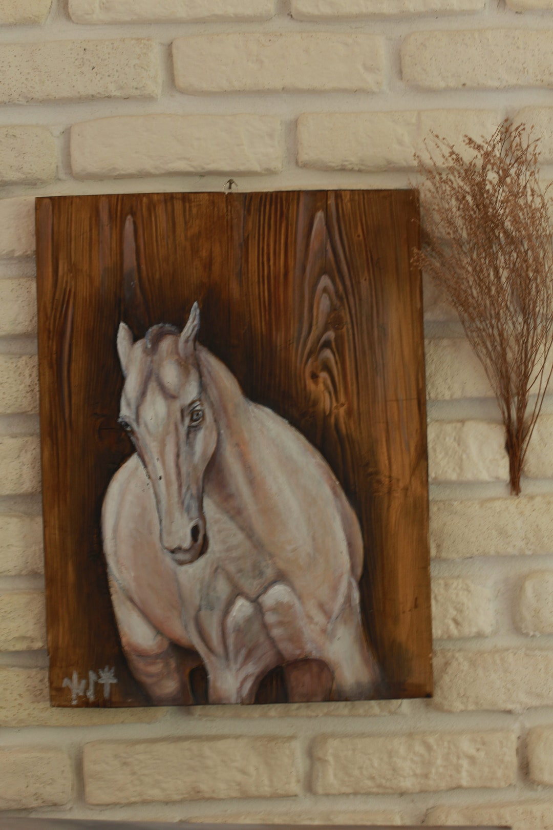 Original Acrylic Horse Painting on Reclaimed Wood , Akhal Teke , Wall